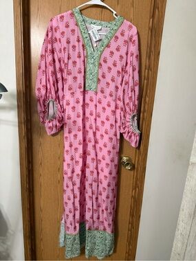 Entro Pink Floral Midi Dress Green Trim Puff Sleeve Belted Size Small